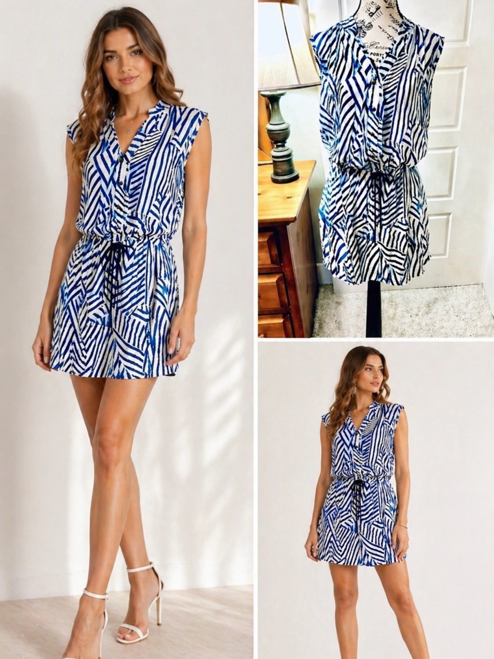 Nicole Miller Artelier Sailcloth Striped Tie Waist Mini Dress Coastal Chic Sz 2💛